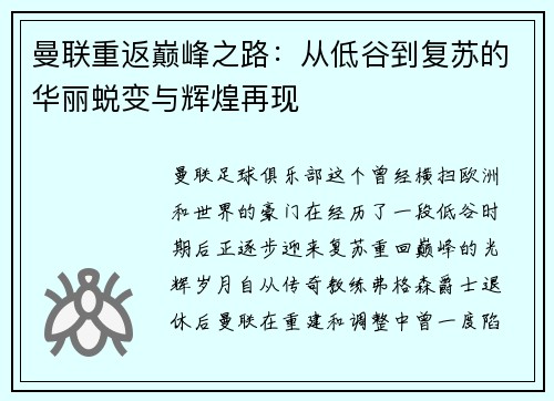 曼联重返巅峰之路：从低谷到复苏的华丽蜕变与辉煌再现