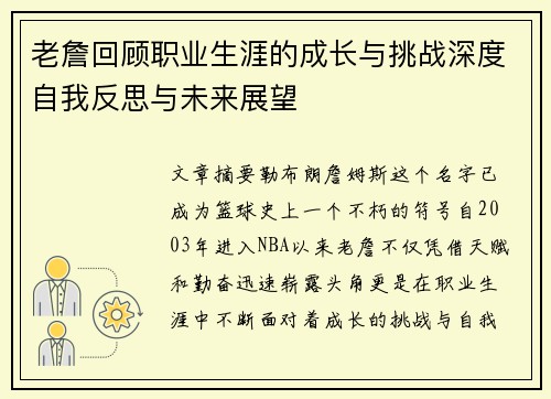 老詹回顾职业生涯的成长与挑战深度自我反思与未来展望