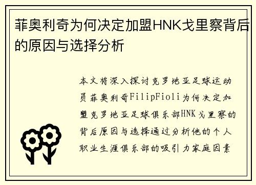 菲奥利奇为何决定加盟HNK戈里察背后的原因与选择分析