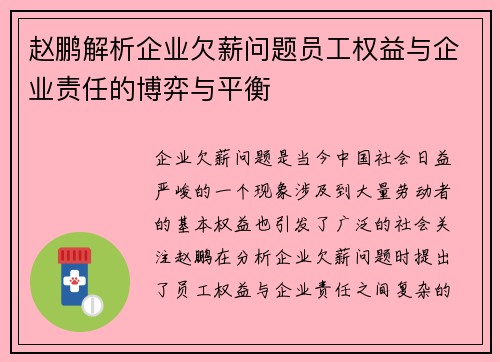 赵鹏解析企业欠薪问题员工权益与企业责任的博弈与平衡
